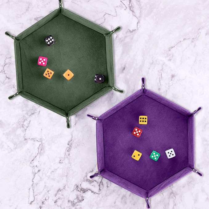 SIQUK 2 Pieces Dice Tray PU Leather Dice Trays Portable Folding Hexagon Dice Roller Tray for Dice Games Like RPG, DND and Other Table Games (Dark Green, Violet)
