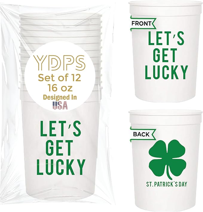 Let's Get Lucky St. Patrick's Day Cups, Set of 12-16oz Plastic Saint Cups for Party Favors and Shamrock-Themed Decorations - St Patricks Day Party Supplies and Drinking Accessories