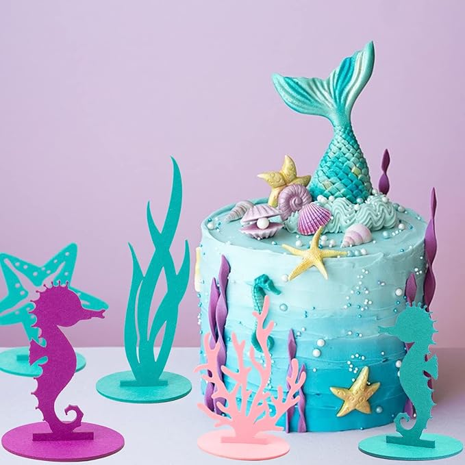 SUNBEAUTY 20Pcs Mermaid Party Decoration DIY Felt Under The Sea Table Centerpiece Ocean Theme Seahorse Starfish Seaweed Birthday Baby Shower Little Mermaid Girl Birthday Party Supplies