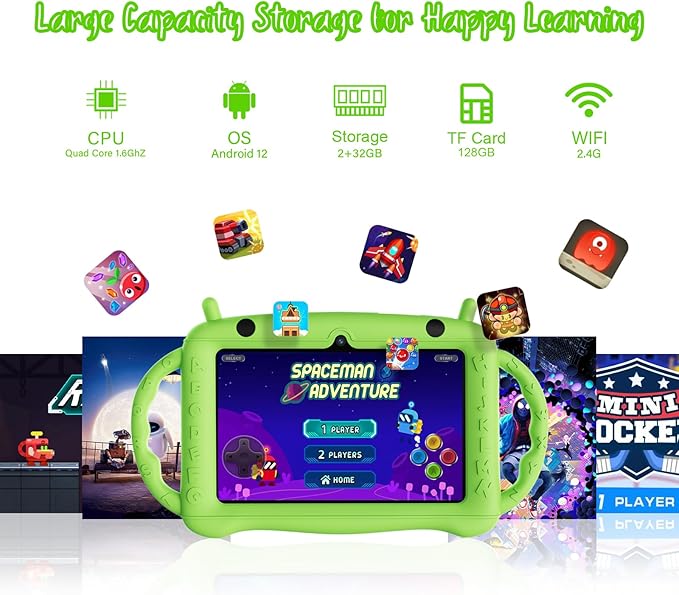 7 inch Tablet for Kids 2-10, Educational Learning Toddler Tablet Android 12 with Shockproof Case, 2GB RAM+32GB ROM, Parental Control, Dual Camera, Gift for Boy Girl