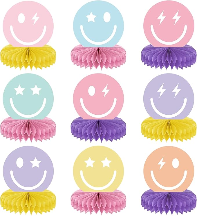 9PCS Smile Face Honeycomb Centerpieces Preppy Smile Face Table Decorations Happy Pastel Birthday Party Supplies for Colorful Rainbow Birthday Themed Bachelorette Decor Favor