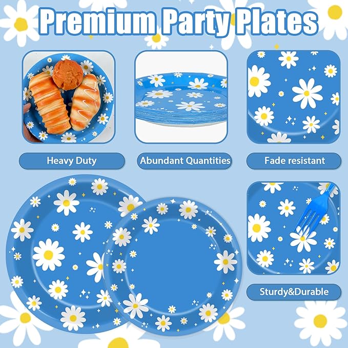 96Pcs Daisy Birthday Party Supplies Groovy Flower Paper Plates and Napkins Spring Floral Disposable Dinner Dessert Tableware Set for Blue Baby Shower Birthday Party Decorations Serve 24