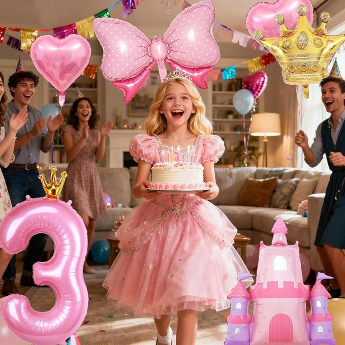 Princess Balloons for 3rd Birthday Decorations for Girls Pink Castle Balloons Large Pink Crown Number 3 Balloon for Princess Birthday Party Decor Supplies