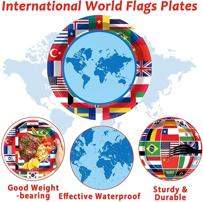 Wiooffen 80Pcs International World Flags Plates Around the World Globe Party Tableware Decorations International Flags 7'' Paper Cake Dessert Dinner Plates for Travel Trip Retirement Party Supplies