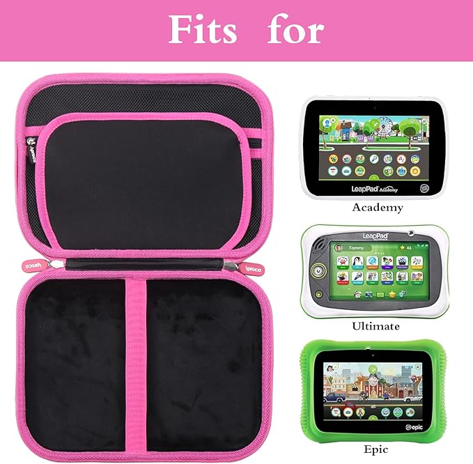 Aproca Case Compatible with Leapfrog LeapPad Academy Kids’ Learning Tablet/Epic Academy Edition/LeapPad Ultimate, Portable Storage Bag for Accessories -Black with Pink Zipper