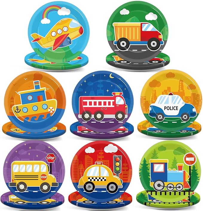 48PCS Transportation Paper Plates Car Birthday Decorations Construction Tableware 7 Inch Train Vehicle Fire Truck Airplane Traffic Dessert Dinnerware for Kids Baby Shower Party Supplies Favors