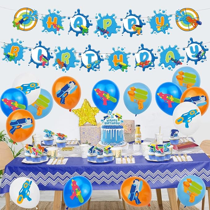 Water Gun Birthday Party Supplies Pool Birthday Party Supplies Set Water Gun Theme Party Decorations Include 1 Banner 1 Cake Topper 16 Balloons 24 Cupcake Topper