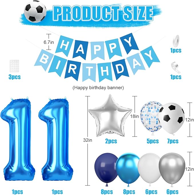 Soccer Birthday Party Decoration for Boys, 11th Soccer Party Decorations with Navy Blue White Silver Balloons 'HAPPY BIRTHDAY' Banner 32in Foil 11 Balloon for Boy Kids Birthday Baby Shower Decor