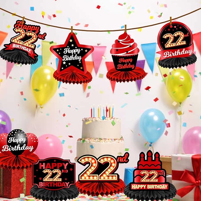 Happy 22nd Birthday Red and Black Table Honeycomb Centerpieces Balloons Theme Decor Table Decorations Table Toppers for Girls Women Princess 22 Years Old Birthday Party Bday Supplies Background Gold