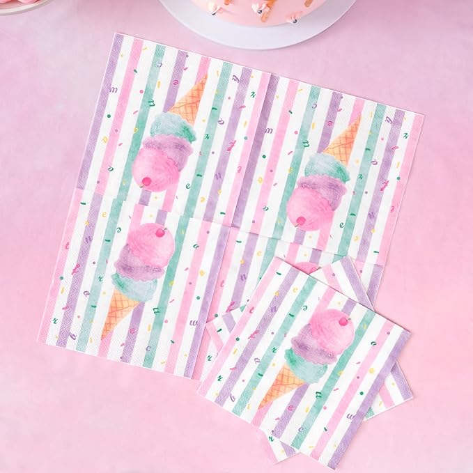 WERNNSAI Ice Cream Party Plates and Napkins - Serves 50 Guests 100 PCS Pink Sweet Ice Cream Themed Party Supplies for Girls Birthday Baby Shower Pool Summer Celebration Dinner Picnic Party Tableware