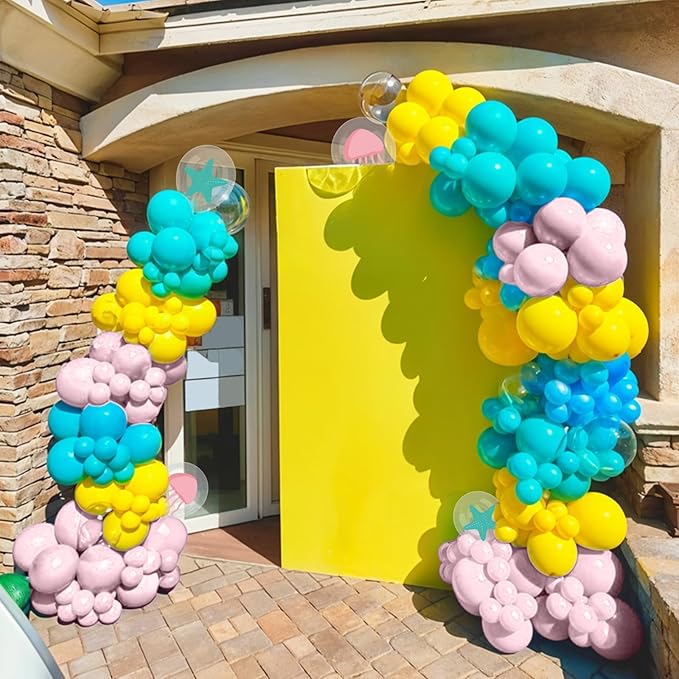 Blue and Yellow Balloons, 50Pcs 12 Inch Macaron Pink Blue Teal Yellow Metallic Green Clear Balloons for Boys Girls Ocean Birthday Beach Party Decorations Sea Baby Shower Supplies