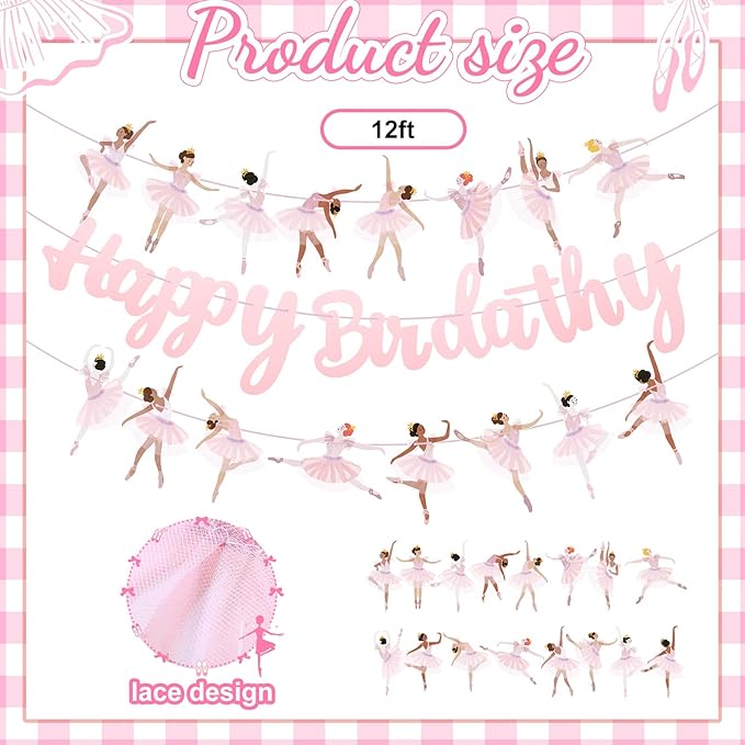 3 Pcs Ballerina Dancer Happy Birthday Banners Ballet Dancing Hanging Garland Pink Ballerina Party Decorations for Girls Women Birthday Wedding Ballet Theme Baby Shower Party Supplies