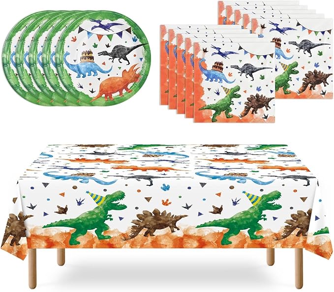 WERNNSAI Dinosaur Birthday Decorations - 33 PCS Dino Plates Napkins Tablecloth Watercolor Dinosaur Party Decorations Dino Party Favors for Birthday Supplies Serves 16 Guests