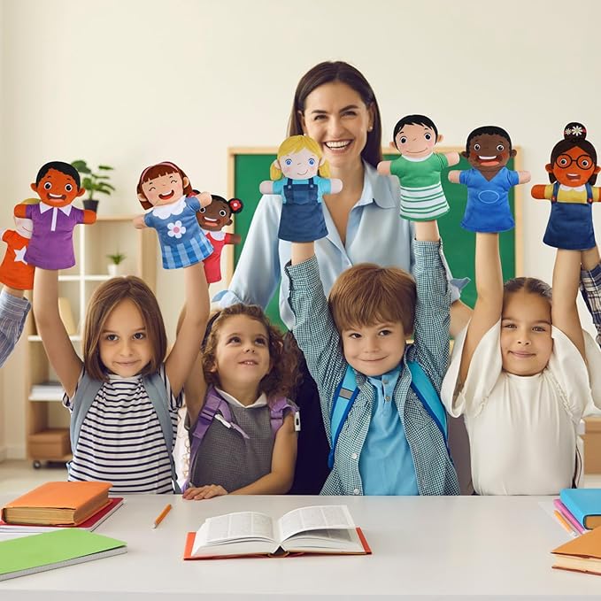 Poen 8 Pcs Hand Puppets Set for Kids Multicultural Hand Puppets Bulk Soft Plush for Toddlers Learning Interaction Suitable for Home Daycare School Classroom Role Play Fantoccini Theater Shows(Smile)