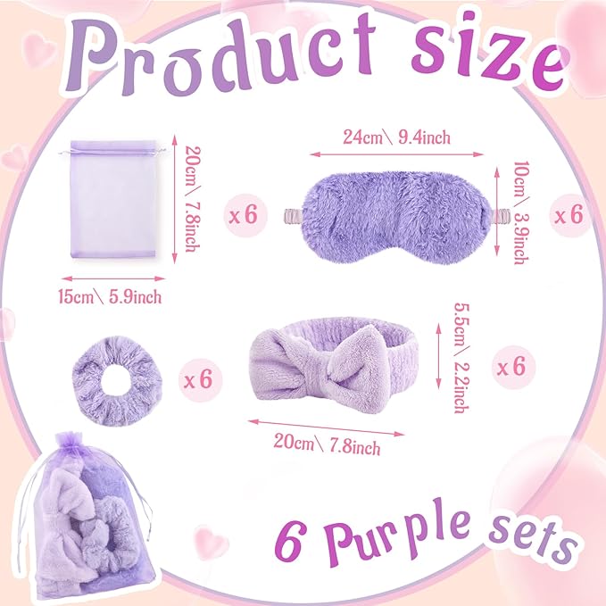 36 Pcs Sleepover Party Supplies for Girl Spa Slumber Birthday Favors Throw Blanket Pillow Eye Mask Headband Scrunchies (Solid Color,Purple)
