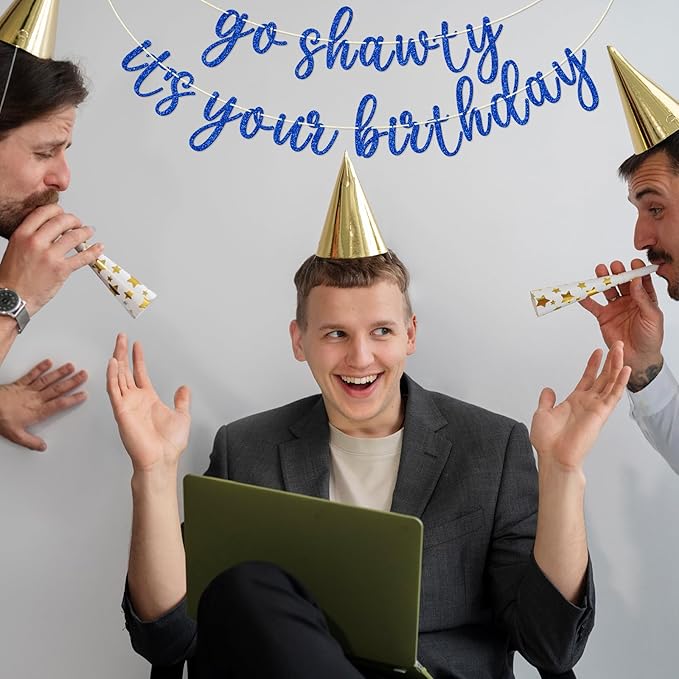 Go Shawty It's Your Birthday Banner, Hip Hop Birthday Party Decorations Supplies, Rap Theme Bday Bunting Sign, Pre-strung, Photo Props (Blue)