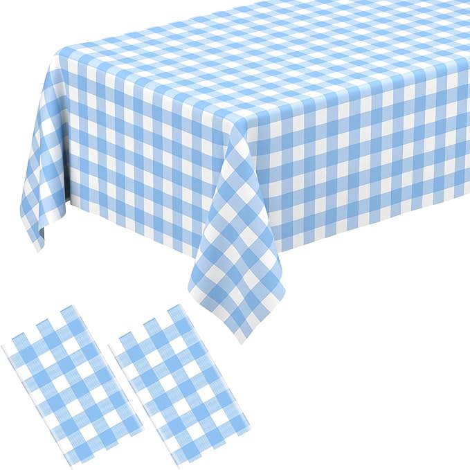 WNINK 2 Pack Light Blue Gingham Rectangular Plastic Tablecloths, Blue and White Checkered Disposable Table Covers 54" x 108" for Birthday, Wedding, Bridal Shower, Outdoor Picnic Camping Parties