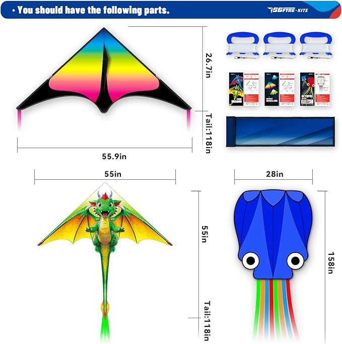 3 Piece Set Butterfly Delta Octopus Kites for Kids and Adults，Easy to Fly for Outdoor Adults Children Line Kite for Kids Toy (Green Dragon+ Delta+Octopus Blue, 3)
