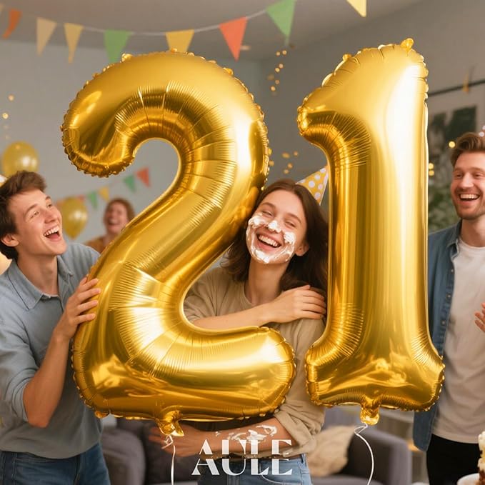 AULE 40 Inch Jumbo Gold Foil Mylar Number Balloons for Men Women 21st Birthday Party Decorations 21 Years Old Anniversary Party Supplies