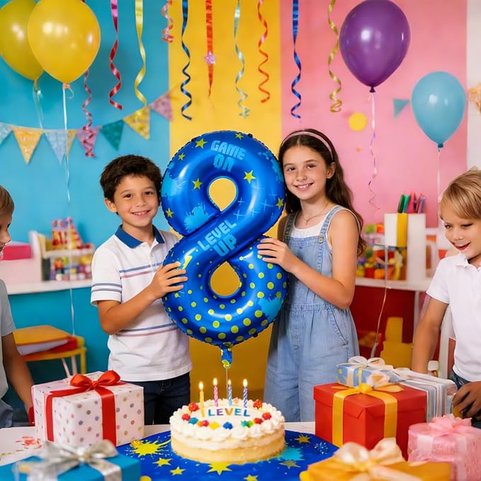 Video Game Birthday Party Decorations, 40inch Blue Video Game Number 8 Foil Balloon for Level Up Games Themed Birthday Party Supplies (8)