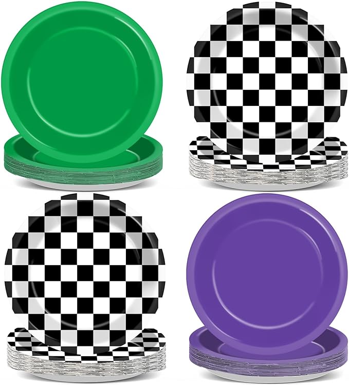 CHUNNIN 48PCS Green Purple Monster Truck Party Paper Plates for Monster Truck Themed Party Supplies 7" Checkered Racing Car Cake Disposable Dinnerware for Kids Birthday Baby Shower Decorations