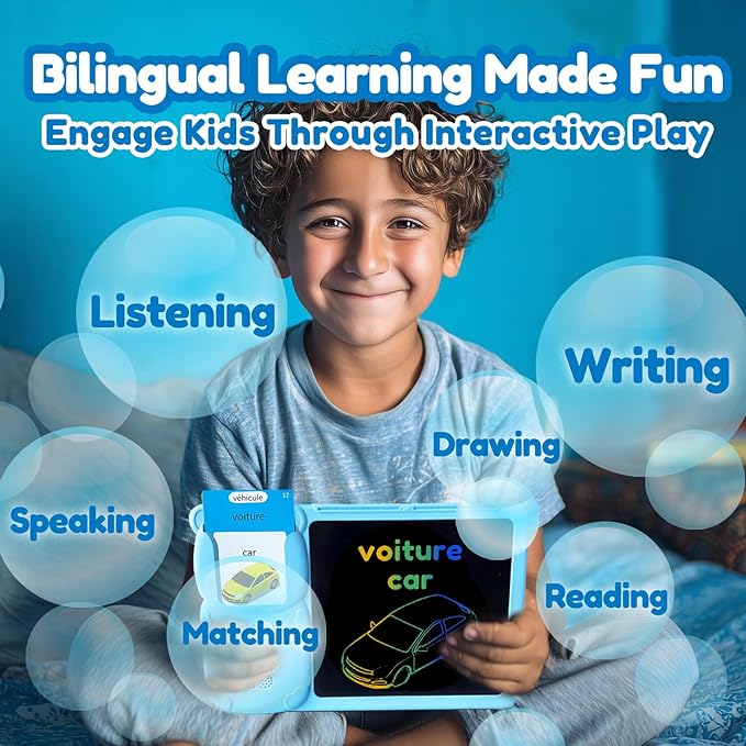 Drawing Tablet with Bilingual Flashcards for Kids - French English Talking Flash Cards, LCD Writing Pad Board, Pocket Speech for Toddlers, Learning Toy Gift for Boys Girls (French, Blue)