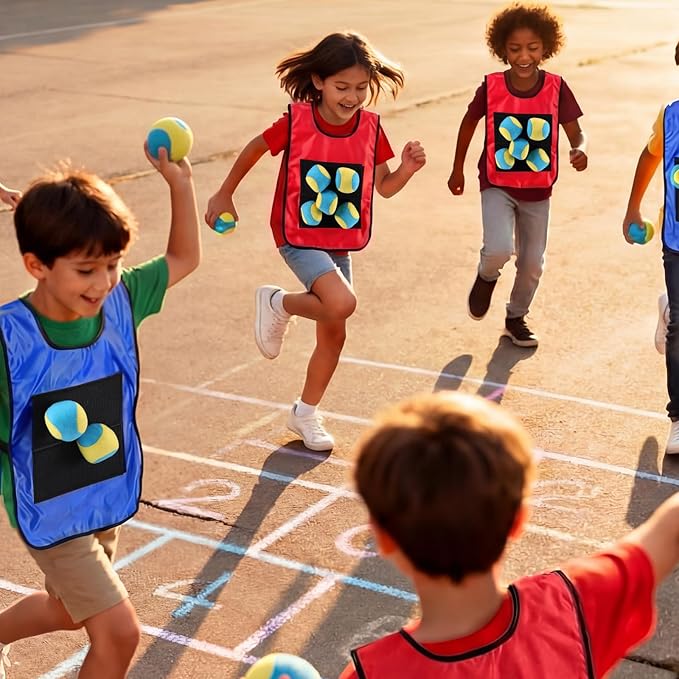 Dodgeball Target Set 20 Soft Fleece Tag Balls with 6 Sticky Vests, 6 Player Activity for Adult Indoor and Outside Play and Sports Activities