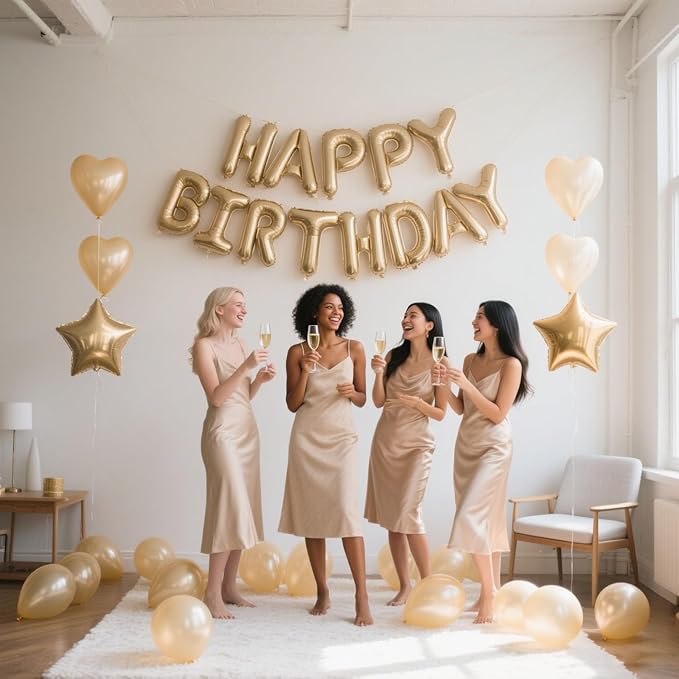 27 Pcs Champagne Gold Birthday Decorations, 3D Letters Champagne Gold Happy Birthday Balloon Banner, Pentagram Heart Foil Balloons Confetti Balloons Kit For Boys Girls Party Supplies
