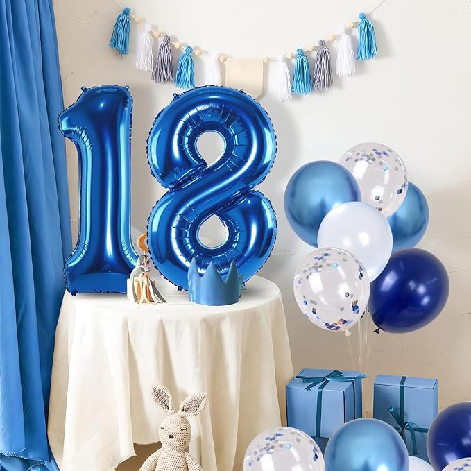 Navy Blue 18 Balloons, 40 Inch Dark Blue Foil Number 18 Balloon Set, XXL Self Inflating 18 Helium Balloon with Metallic Blue Silver Confetti Balloon for Men 18th Birthday Anniversary Party Decorations