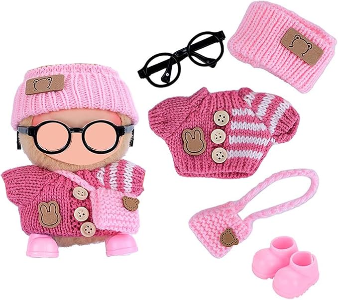 Knitting Outfit Set for 17cm Dolls, 4 Cozy Sweaters with Hats, Shoes, Glasses Bags, 6.7-Inch Doll Accessories, Gift Idea, (No Dolls)