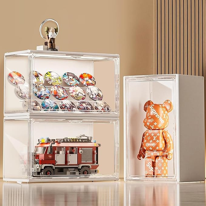 Acrylic Display Case with Light, Clear Showcase with Adjustable Shelf Risers, Stackable Storage Bins for Collectibles, Action Figure, Popmart (L-3 Pack)