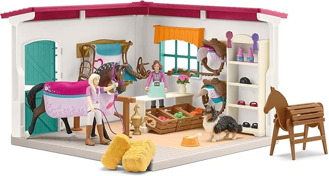 Schleich Horse Club - 67PC Sofia's Tack Shop Playset with Toy Horse Figurine, 2 Poseable Action Figures and Accessories - Realistic Pretend Shopping Toys for Girls and Boys - Kids Toys Ages 5+ | 42568