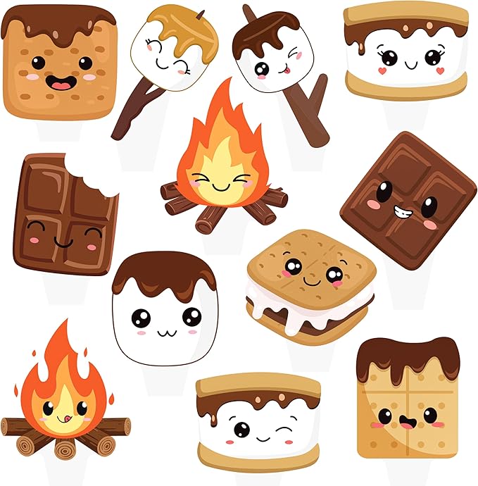 S'more Party Cupcake Toppers 48pcs S'more Birthday Party Decoration Bonfire Camping Cake Cupcake Pick Decorations for S'more Themed Camping Campfire Camper Birthday Party Supplies