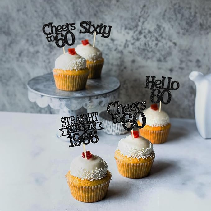 Ephlyn 24Pcs Happy 60th Birthday Cupcake Toppers Glitter Straight Outta 1966 Cupcake Picks Hello 60 Cheers to 60 Years Birthday Cake Decorations for 60th Birthday Anniversary Party Supplies Black