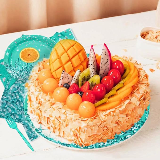 Teal and Silver Tableware Set for Happy Birthday Table Decorations Breakfast Blue Birthday Theme Dessert Plates Napkins Forks Silver Glitter Party Supplies for 25 Guest