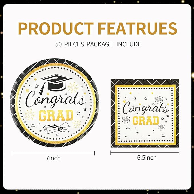 50PCS Graduation Plates Party Supplies, 7INCH Black and Gold Paper Plates and Napkins 2025 Graduations Party Decorations Disposable Tableware for College High School Congrats Grad Party Supplies