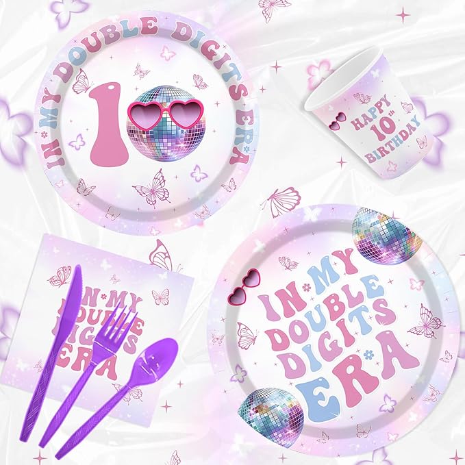 MEHOFOND 193pcs 10th Birthday Party Supplies for Girls, In My Double Digits Era Tableware Set with Plates Napkins Cups Tablecloth, Iridescent Disco Music Theme Birthday Decorations, Serves 24