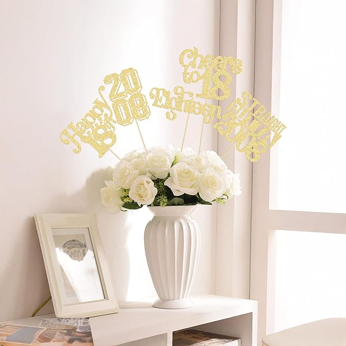 Gyufise 15Pcs Happy 18th Birthday Centerpiece Sticks Eighteen Straight Outta 2008 Table Flower Centerpieces Sticks for Cheers to 18th Birthday Party Supplies Gold