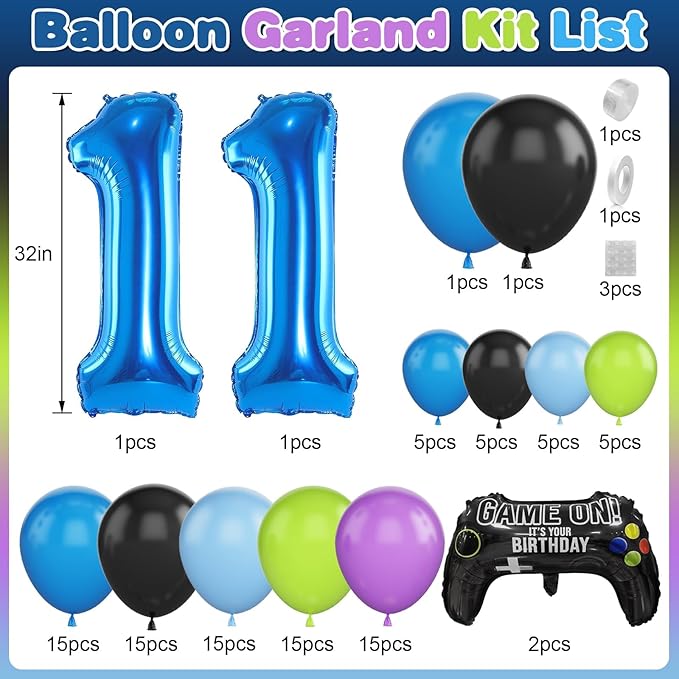 11th Birthday Video Game Balloons Arch, 11th Game Party Balloons Garland Kit 11th Game Birthday Supplies with Blue Number 11 Balloon Game Foil Balloons for 11 Year Old Teens Boys Birthday Decor
