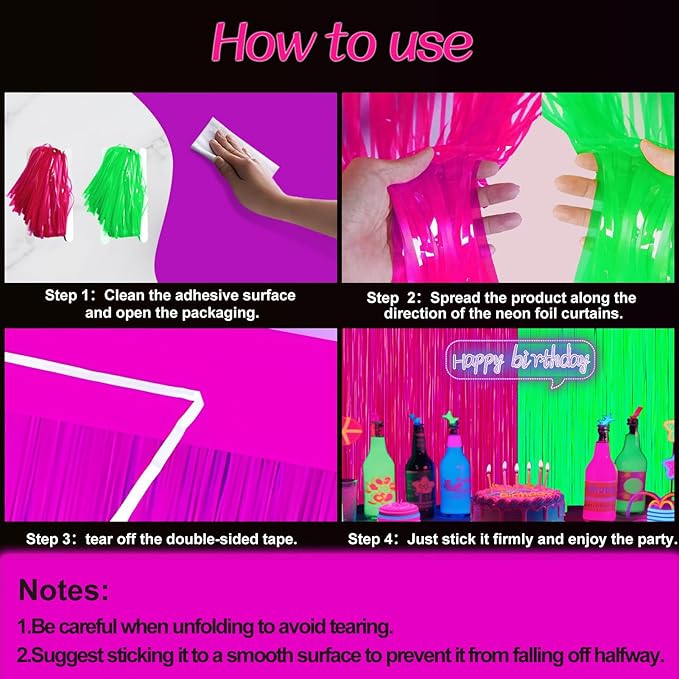 Glow in The Dark Party Supplies 2 Pack Neon Party Decorations Fluorescent Tinsel Foil Fringe Curtains Photo Booth Prop Backdrop Streamer Blacklight Decorations (Neon Hot Pink+Neon Green)
