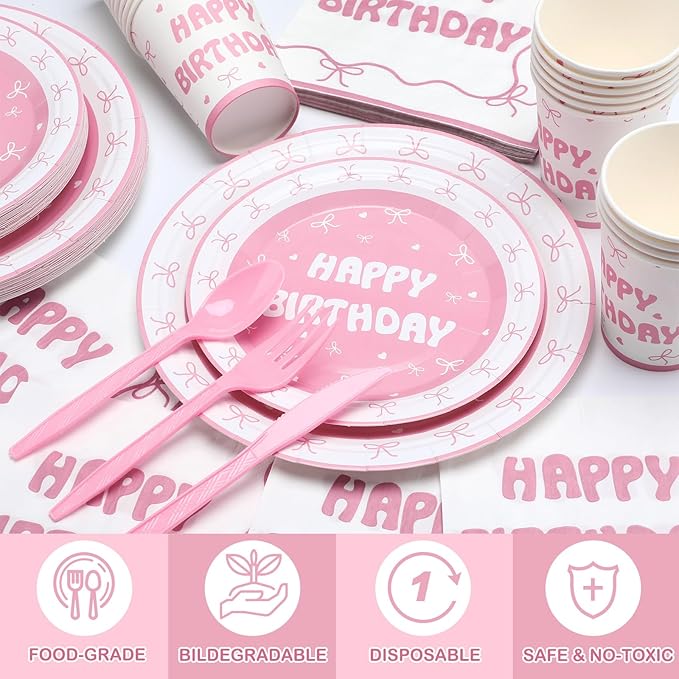168 Pcs Coquette Birthday Decorations Wedding Spring Pink Bow Birthday Party Supplies Includes Pink Bow Napkins Plates Forks and Theme Tableware Party Supplies Decor