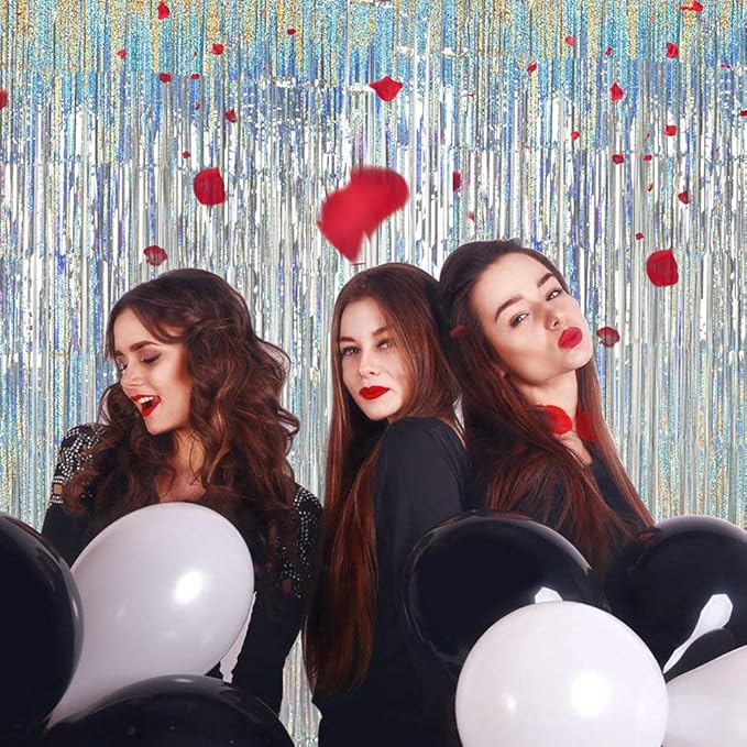 TONIFUL 3Pcs Laser Silver Door Streamers,Laser Silver Photo Booth Backdrop Metallic Streamers Foil Fringe Curtains for Birthday,Christmas,New Year,Bachelorette,Grad Party(9.9ft x 6.6ft)