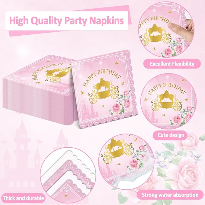 96pcs Princess Birthday Party Decorations Pink Princess Scalloped Plates Napkin Tableware Set Pink Floral Gold Castle Fairytale Disposable Tableware for Girls Birthday Baby Shower Party Supplies Favor