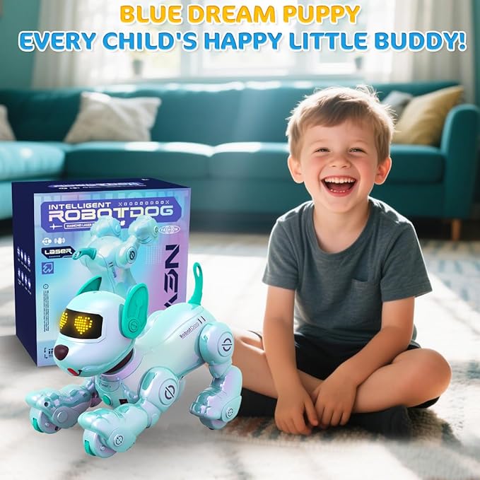VATOS New Kids Smart Remote Control Robot Dog,17 Fun Interactive Functions Intelligent Programmable Kid Robotic Puppy with 2 Batteries, Singing Dancing Walking Robot Dog Toy for Kids 3-8 Year Blue