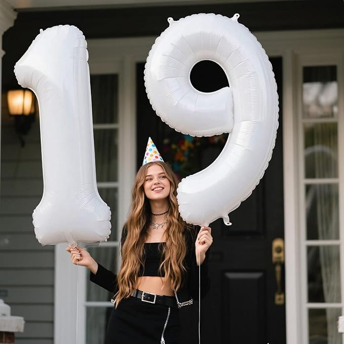 40 Inch White Number 19 Digital Balloon,Jumbo Mylar Foil Helium Balloon for 19 Balloons for Birthday Party,Wedding Anniversary Party Decorations