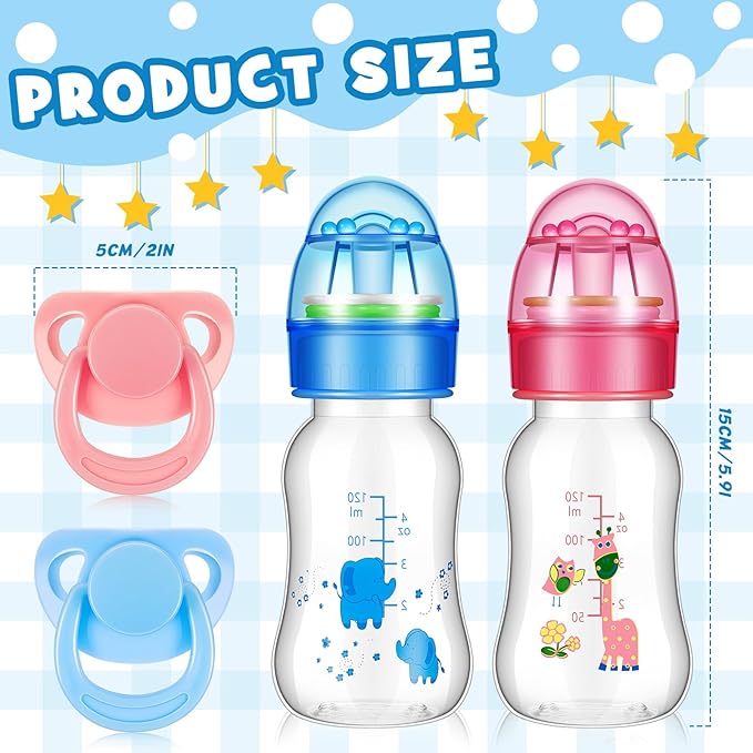 Jexine 4 Pieces Reborn Doll Accessories, Includes 2 Magnetic Pacifier and 2 Doll Bottles, Feeding Bottle Gift for Shower Birthday, Random Pattern(125 ml,Cute,Pink,Blue)