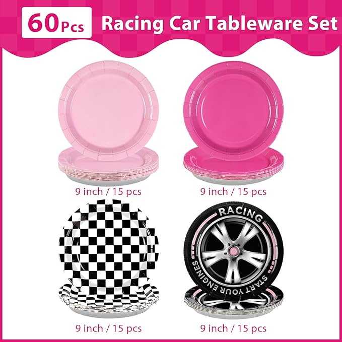 60Pcs Pink Race Car Party Plates 9" Racing Party Decorations Pink Black White Checkered Racing Car Paper Plates Disposable for Valentine’s Day Girls Birthday Baby Shower Race Themed Par-ty Supplies