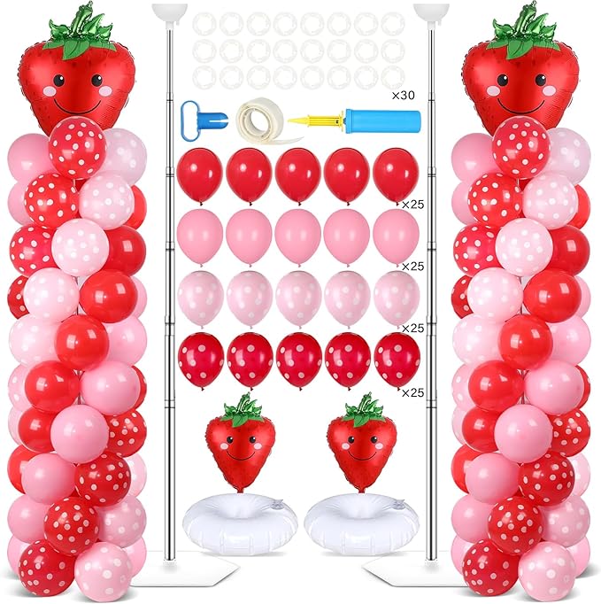 2 Sets Strawberry Party Balloon Column Stand Kit With 102 Sweet 1st Strawberry Foil Balloons 5.57Ft Adjustable Balloon Tower Stand With Base Adjustable Arch Column for Girl Birthday Baby Shower Supply