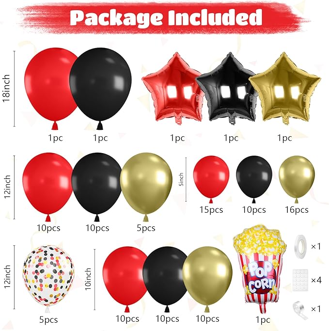 Movie Night Balloon Garland Arch Kit, Red Black Metallic Gold Confetti Balloons with Star Foil Popcorn Balloons for Birthdays Movie Theme Film Party Anniversaries Decorations
