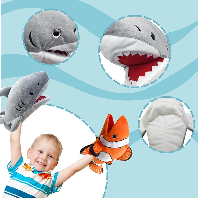 Shark Hand Puppet Realistic Plush Puppet 13", Puppets for Kids Ocean Animal Hand Puppet with Moveable Mouth,Soft Stuffed Shar k Puppet Story Toys Shark Puppets Role Play Teaching Gift